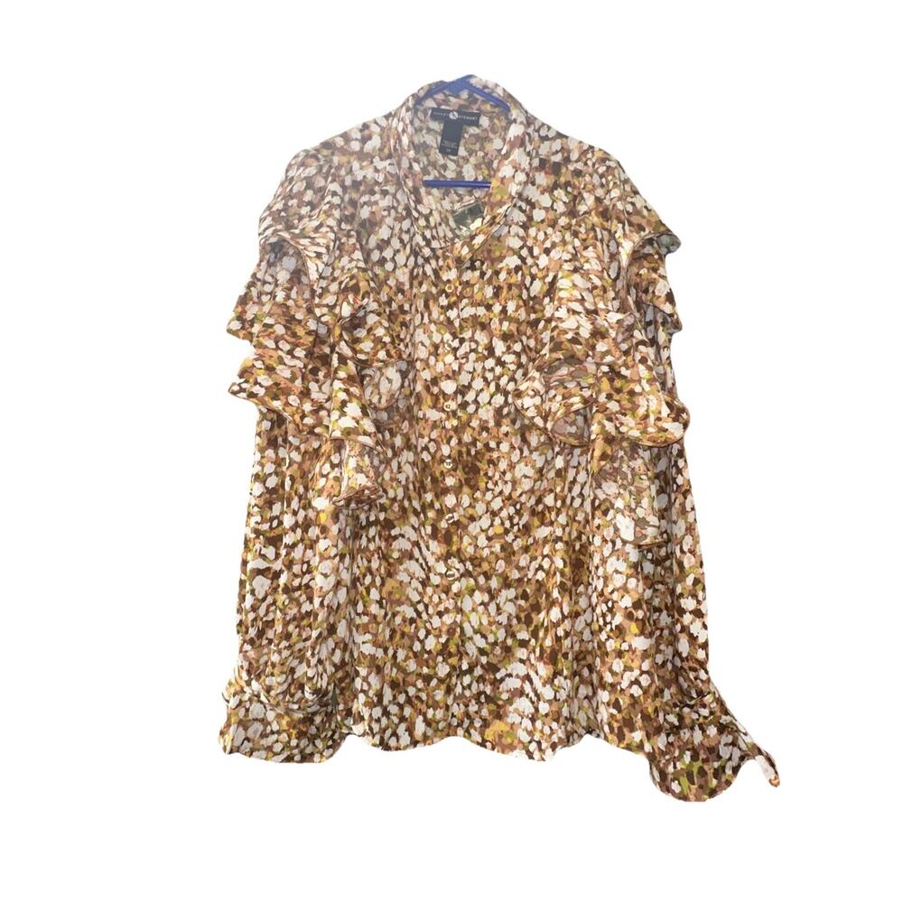 Ashley Stewart Women’s Ruffle Sleeve Blouse Top Size 36 – Brown Multi Floral
